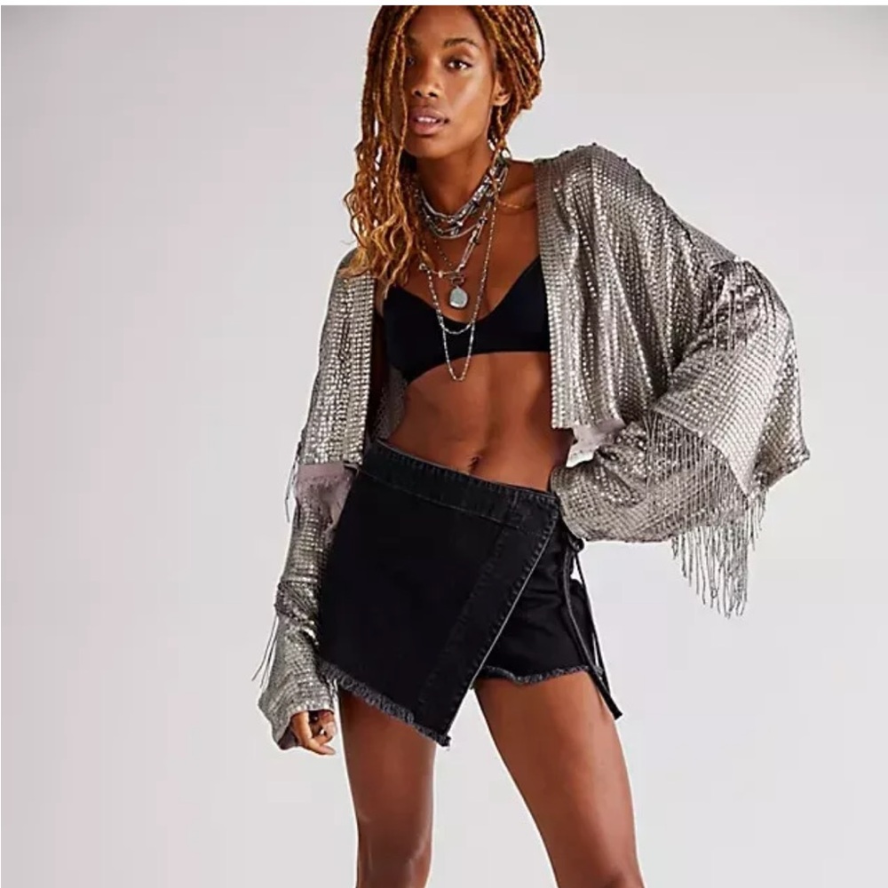 Free People Silver Metallic Jacket with Ruffled Sleeves